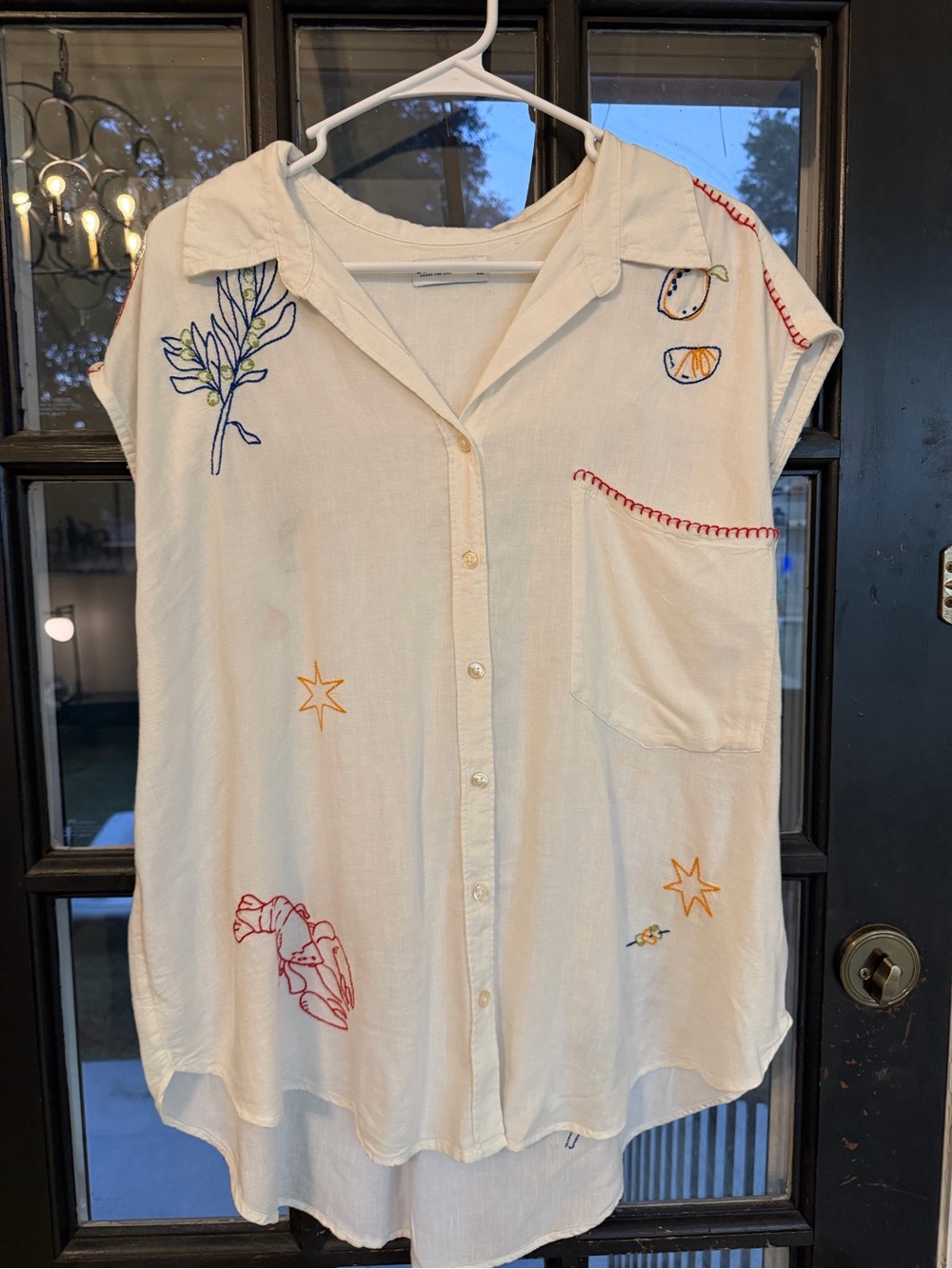 Embroidered Cream Button-Up Sleeveless Top